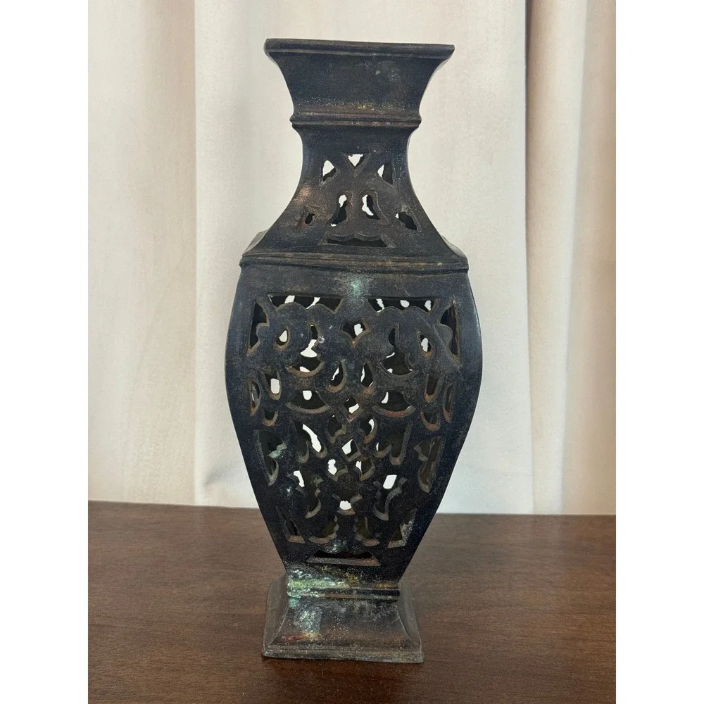 VTG Bronze‎ Hollow Vase Lantern Pierced Cut Work Verdigris 11